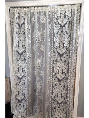 Vintage Lace Curtain Panel 56"W x 84"L Ivory Floral Scroll Rod Pocket Elegant
